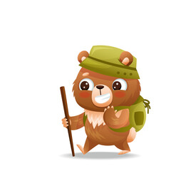 Baby bear in a hat goes hiking with a backpack and a stick Drawn in cartoon style. Vector illustration for designs, prints and patterns. Isolated on white background
