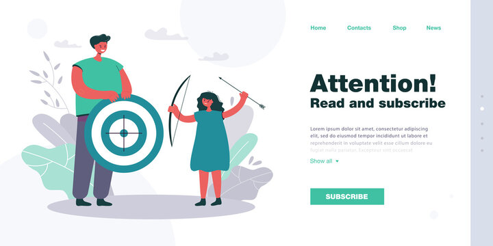 Archery teacher with target in hands teaching child. Kid holding bow and arrow flat vector illustration. Childrens sports club for archers concept for banner, website design or landing web page
