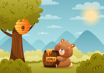 Baby bear sits on the lawn and hugs a barrel of honey. Bushes and a tree with a beehive around. Drawn in cartoon style. Vector illustration for designs, prints and patterns.