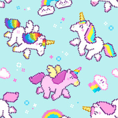 Cute Pixel Unicorns seamless pattern on blue background. Cartoon unicorns with rainbow tails for design of backgrounds, wallpapers, fabrics, wrapping paper, scrapbooking
