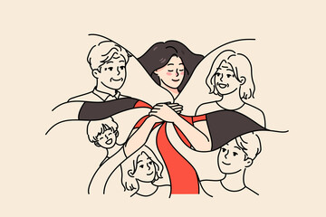 Calm happy young woman keep family in heart. Smiling grateful girl feel love and care to relatives. Emotional bond and attachment concept. Good relationship. Flat vector illustration. 