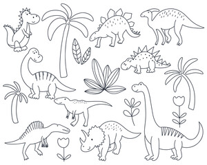 Black doodle dinosaurs set vector illustration. Collection hand drawn animals plants and flowers on white background. Sketch isolated characters for kids