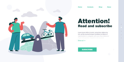 Cartoon couple comparing car to bicycle on seesaw. Choosing between eco transport and automobile flat vector illustration. Ecology, transportation concept for banner, website design or landing page