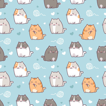 Seamless pattern with cute kawaii cats or kittens in pastel colors. Vector illustration with red kittens. Background for print fabric, textile design, wrapping paper or wallpaper