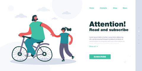 Mother on bicycle and daughter on roller skates in park. Woman cycling while holding hand of girl flat vector illustration. Family, outdoor activity concept for banner, website design or landing page