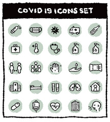 手描きの可愛い新型コロナウィルスアイコンセット　COVID-19アイコンセット