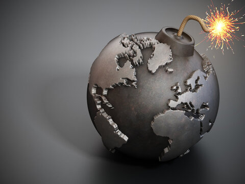 World map shaped bomb with burning fuse. 3D illustration