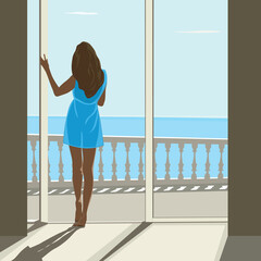 Young girl stands in the opening of the balcony overlooking the sea, summer vacation concept, vector art.