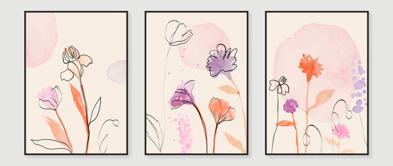 Fototapeta na wymiar Abstract floral watercolor wall art template. Set of blossom wall decor with wild flowers, blooms and leaves in watercolor texture. Spring season line art painting for wallpaper, cover and poster.