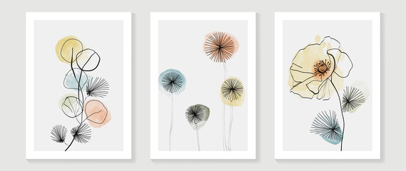 Abstract floral watercolor wall art template. Set of minimal wall decor with wild flowers and eucalyptus leaves in watercolor texture. Spring season line art painting for wallpaper, cover and poster.