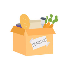 Cardboard donation box full of food. Social care, volunteering and charity concept. Vector illustration.