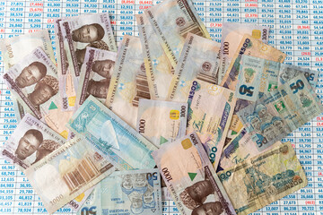 Collection of Nigerian Naira money bank notes on a spreadsheet