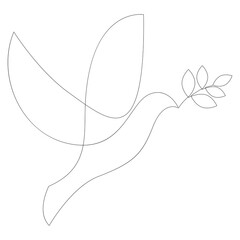Continuous line concept sketch drawing of dove with olive branch. Peace symbol. Vector illustration