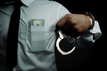 Young businessman standing holding money and handcuffs attached to his arm Concept Corrupt police,...