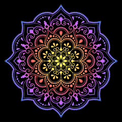 Color circular pattern in form of mandala with flower for decoration or print. Decorative ornament in ethnic oriental style. Rainbow design on black background.