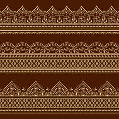 Set of Seamless borders pattern for Mehndi, Henna drawing and tattoo. Decoration in ethnic oriental, Indian style. Doodle ornament. Outline hand draw vector illustration.