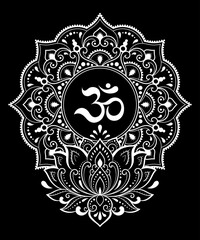 Circular pattern in form of mandala with Lotus flower for Henna, Mehndi, tattoo, decoration. Decorative ornament in oriental style with ancient Hindu mantra OM. Outline doodle vector illustration.