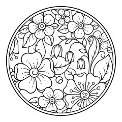 Outline round flower pattern in mehndi style for coloring book page. Antistress for adults and children. Doodle ornament in black and white. Hand draw vector illustration.