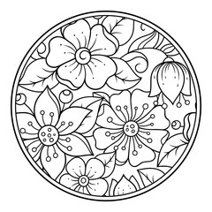 Outline round flower pattern in mehndi style for coloring book page. Antistress for adults and children. Doodle ornament in black and white. Hand draw vector illustration.