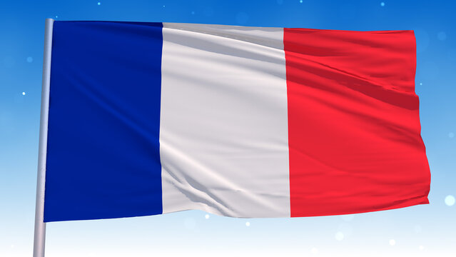 Waving National Flag Of France In The Wind With Pole On Cloudy Fog Glitter Dust Flying Blue Sky 3D Rendering