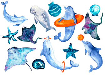 Watercolor set of sea animals and beach sea shells in blue color. Dugong, dolphins, stingrays, starfish and seashells.