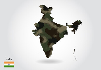 india map with camouflage pattern, Forest - green texture in map. Military concept for army, soldier and war. coat of arms, flag.
