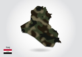 iraq map with camouflage pattern, Forest - green texture in map. Military concept for army, soldier and war. coat of arms, flag. - obrazy, fototapety, plakaty