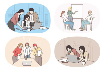 Collection of employees or colleagues involved in teambuilding activity or discussion in office. Set of diverse businesspeople work together cooperate at workplace. Teamwork. Vector illustration.