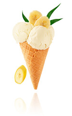 Banana ice cream cone isolated on white background with clipping path