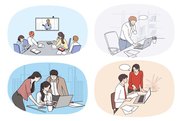 Set of businesspeople working in team or at laptop in office. Collection of employees or workers busy at briefing at workplace. Teamwork and cooperation in business. Vector illustration. 