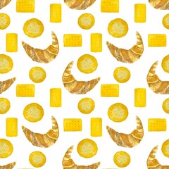 Seamless pattern with croissant, cookies, biscuits