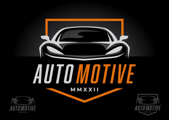 Sports car front logo design. Supercar auto silhouette icon. Motor vehicle dealership showroom badge. Automotive performance garage workshop symbol. Vector illustration.