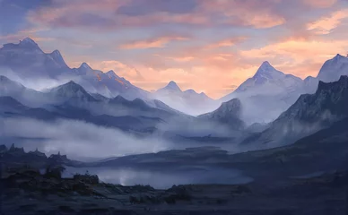 Foto op Aluminium Nachtblauw Ochtend zonnig landschap, zonsopgang in de bergen. De gele dageraadhemel, de zon verlicht de wolken en de toppen van de bergketens. Magisch fantasielandschap. Illustratie