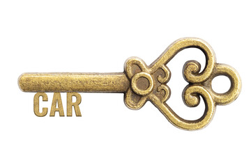 Bronze vintage antique key with word Car isolated on white background