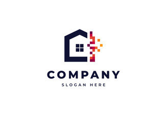 House pixel mosaic particle idea vector logo design, Creative technology initial letter C home modern logo design