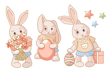 Easter bunnies. Set of elements in a flat style. Baby vector illustration.
