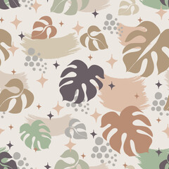 Neutral tropical jungle seamless vector pattern background
