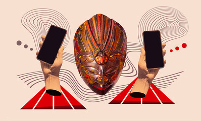 Fashion collage in magazine and pop art style. Mask holding modern blank frameless screen...