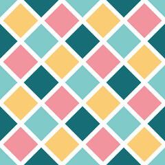 White seamless pattern with blue, pink and yellow squares.
