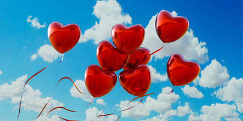 Heart shaped balloon flying in the sky - 3d illustration
