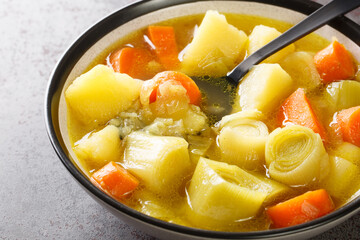 Authentic Porrusalda Spanish vegetable soup close-up in a bowl on a concrete table. horizontal