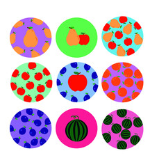 Fototapeta na wymiar Set of stickers with berries and fruits. various fruit tags with minimal design for sugary drinks or ice cream, a collection vegan badges. Vector set of fresh fruits, a group of fruits and berries.
