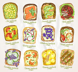 Assorted sandwiches graphic vector illustration.