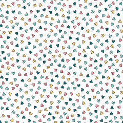 White seamless pattern with colorful tiny hearts and black outline.