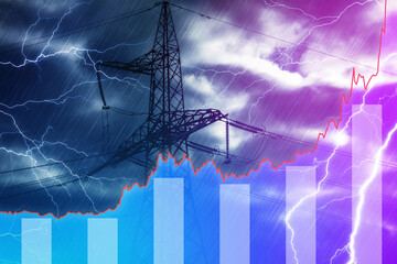 Transmission tower and raising sparkline chart representing electricity prices rise