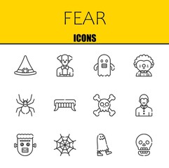 fear vector line icons set. witch hat, clown and ghost Icons. Thin line design. Modern outline graphic elements, simple stroke symbols stock illustration