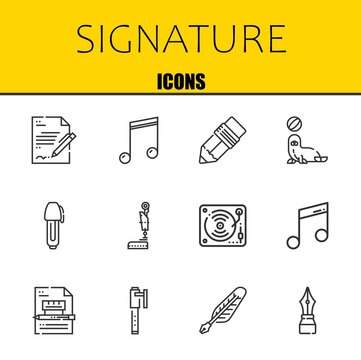 signature vector line icons set. contract, musical note and pen Icons. Thin line design. Modern outline graphic elements, simple stroke symbols stock illustration