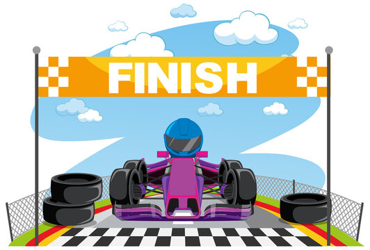 Cartoon racing car reach the finish line