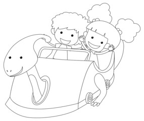 kids in dinosaur racing car  black and white doodle character