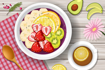 Top view Acai food bowl and placemat on wood table